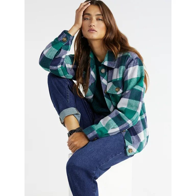 Time and Tru Women’s Plaid Button Down Cropped Shacket, Sizes XS-XXXL | Walmart (US)