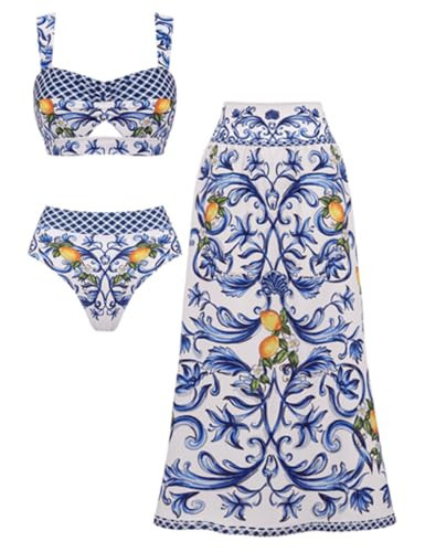 FLAXMAKER Women's High Waisted Bikini Sets Lemon Print Two Piece Modest Bathingsuit Swimsuit Skirt/Short Skirt (US, Alpha, Medium, Regular, Regular, Blue Swimsuit and Skirt) | Amazon (US)