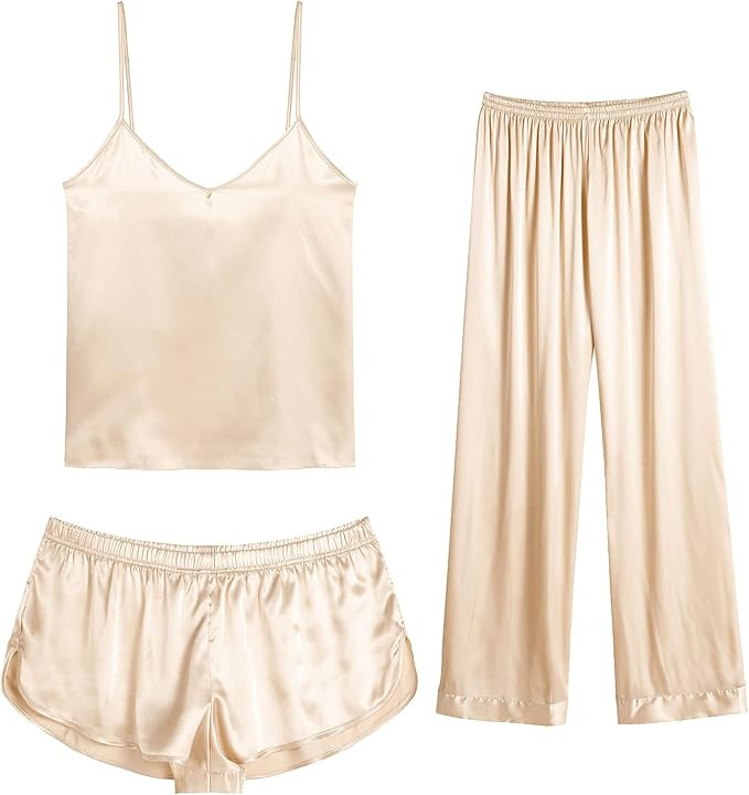 SWOMOG Women Silk Satin Pajama Sets V Neck Lingerie Sets 3 Pcs Sleepwear Cami Top Pjs with Shorts... | Amazon (US)