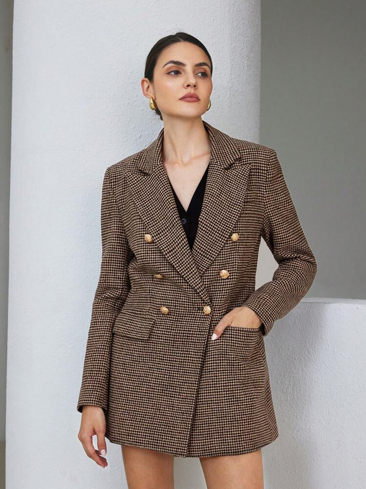 Aveloria Modichic Business Style Lapel Long Sleeve Plaid Double-Breasted Blazer Jacket  Fall Cloth For Women | SHEIN