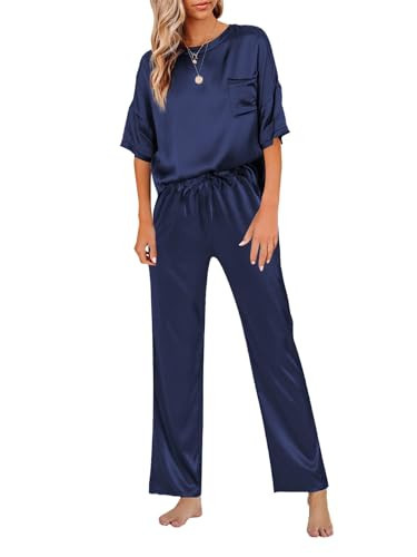 LYANER Women's Satin Silk Pajama Set Short Sleeve T-shirt with Pants Set PJ Loungewear Navy Large | Amazon (US)