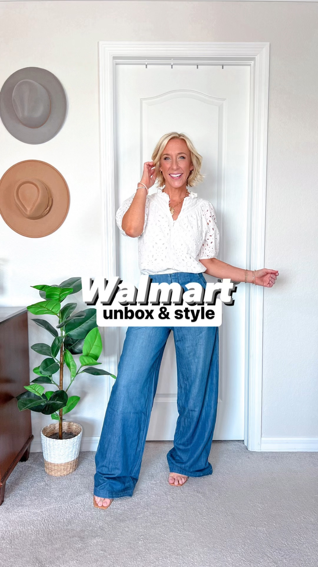 Walmart finds:
1. Green sleeveless dress - size XS. Zips up the back, has pockets, is lined, great shape.
2. Wide leg denim trousers - I have a size 2, but should have sized down. Lightweight, great quality, but is long. Does come in other qualities.
3. Denim romper - size XS. Button front, decent length, loose in the leg area, medium thickness.
* Jean jacket - size small.
* sneakers - tts. 
* heels - tts. 
* eyelet blouse - size small. 
* graphic tee (from beginning) - size medium. Use code ONELIFEANDSTYLE.
* blue pleated skirt (from beginning) - size small.
* sandals - tts  

#LTKFindsUnder50 #LTKSeasonal #LTKVideo