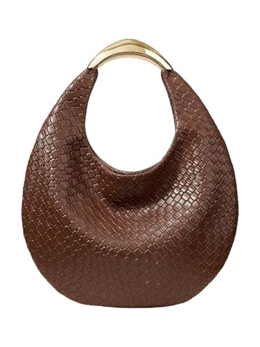 QWINEE Women's Woven Handbag Elegant Clutch Purse Metal Top Handle Cresent Evening Bag Retro PU Leather Clutch Purse Coffee Brown One Size | Amazon (US)