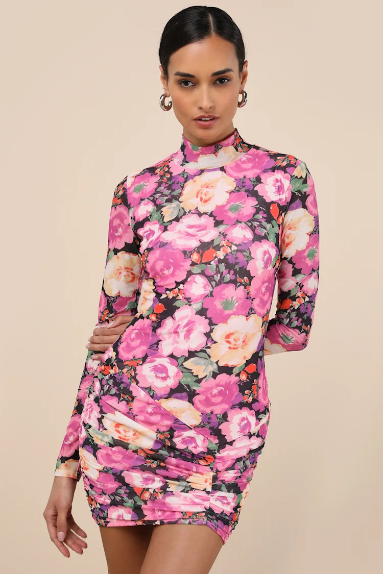 Prettiest Energy Pink Multi Floral Mesh Long Sleeve Mini Dress | Lulus