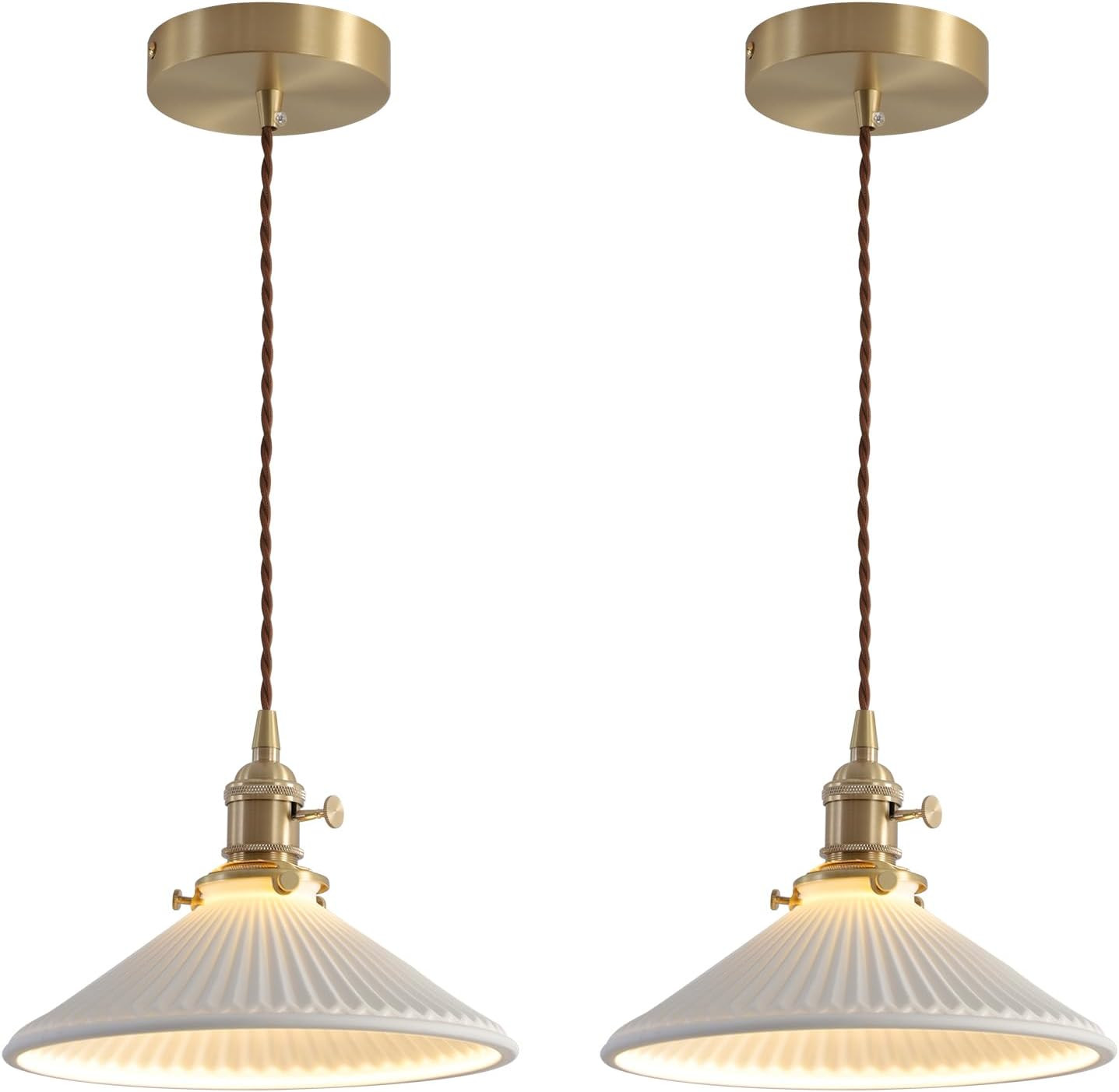 Modern Brushed Brass Pendant Lights Kitchen Island 2 Pack Mid Cenrury Milk Glass Hanging Light Fi... | Amazon (US)
