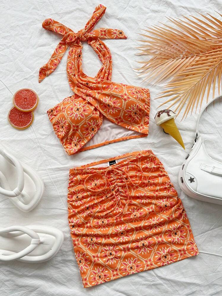 Soleia Women's Vacation Style Orange Boho Print Cross Wrap Front Crop Top And Drawstring Waist Bodycon Skirt 2-Piece Set, Suitable For Music Festival, Summer Beach Outfit | SHEIN
