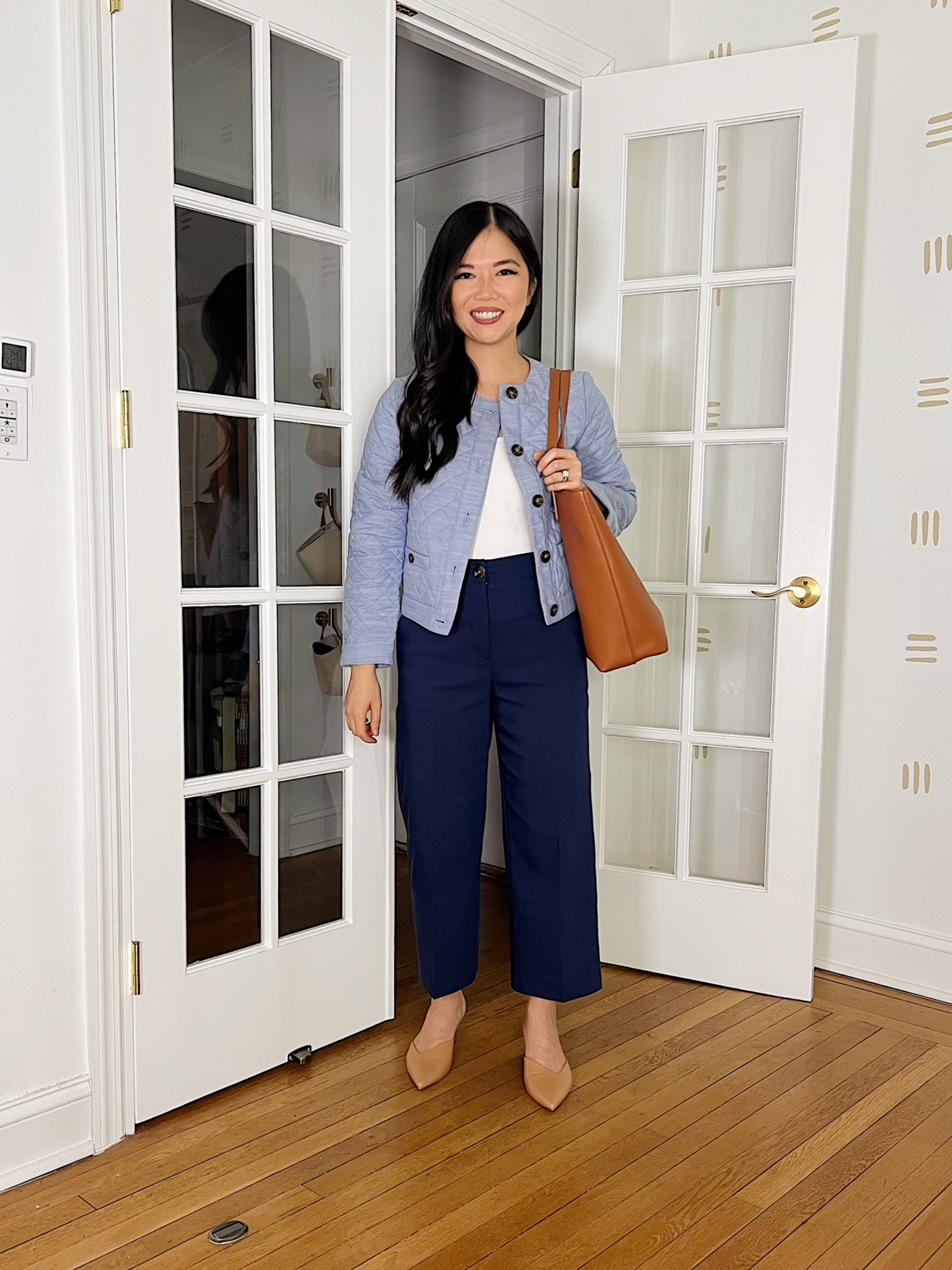 Blue quilted jacket (XS)
White tank top (XS)
White seamless tank
Navy pants (4P)
Navy wide leg pants
Brown tote bag
Brown mule pumps (TTS)
Spring work outfit
Business casual outfit
Ann Taylor
Amazon fashion

#LTKunder100 #LTKworkwear #LTKSeasonal