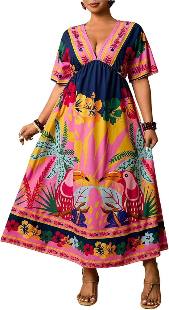 Floerns Women's Plus Size Boho Hawaiian Tropical Dresses V Neck Short Sleeve Floral A Line Long D... | Amazon (US)