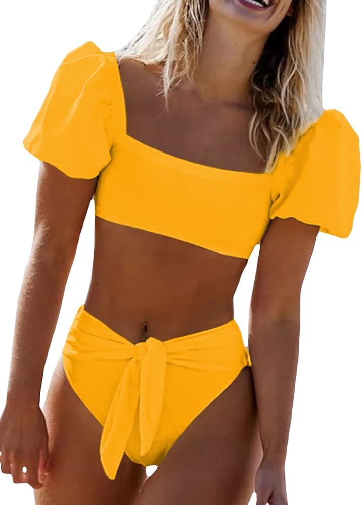Dokotoo Womens 2022 Cute Solid Bubble Sleeves High Waisted Two Piece Bikini Swimsuit | Amazon (US)