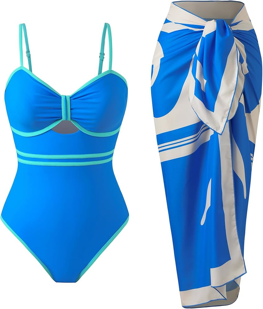 Women\u2019s One Piece Swimsuit with Wrap Skirt Cover Up Set Retro Tummy Control Slimming Bathing... | Amazon (US)