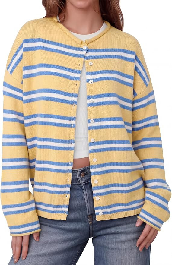 Saodimallsu Womens Button Up Long Sleeve Lightweight Knit Cardigan | Crew Neck, Soft Cozy, Loose ... | Amazon (US)