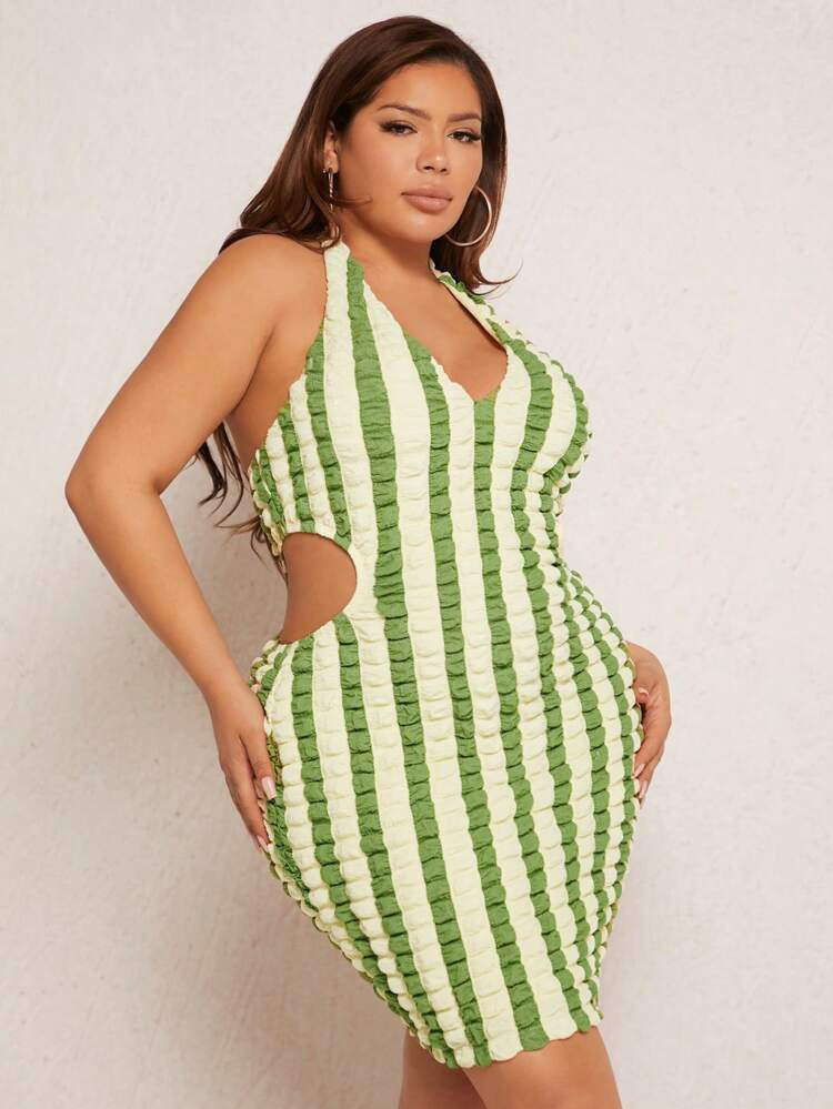 SHEIN SXY Plus Striped Print Cut Out Waist Halter Neck Backless Bodycon Dress
       
           ... | SHEIN
