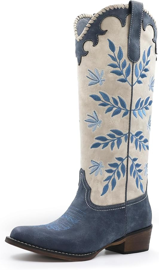 Womens Cowboy Boots Leaf Embroidered Pull on Knee High Round Toe Comfortable Chunky Heel Western ... | Amazon (US)