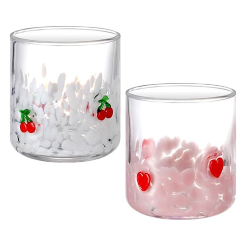 Yungyan 2 Pcs Valentine Icon Juice Glass 14oz Heart and Cherry Drinking Cocktails Glasses Cute Pink White Stemless Wine Glasses Set for Valentine Birthday Wedding Party Supplies Gift | Amazon (US)