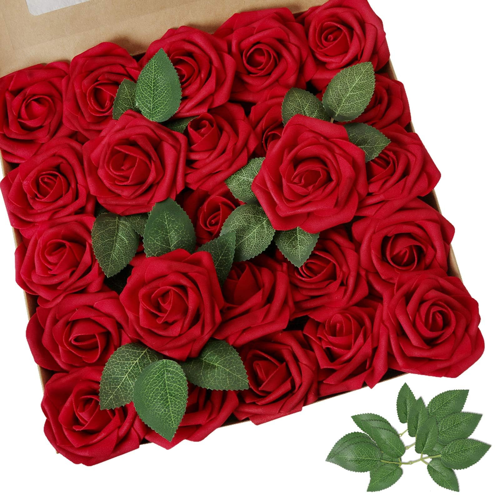AmyHomie Artificial Flower Dark Red Rose 25pcs Real Looking Fake Roses w/Stem for DIY Wedding Bou... | Amazon (US)