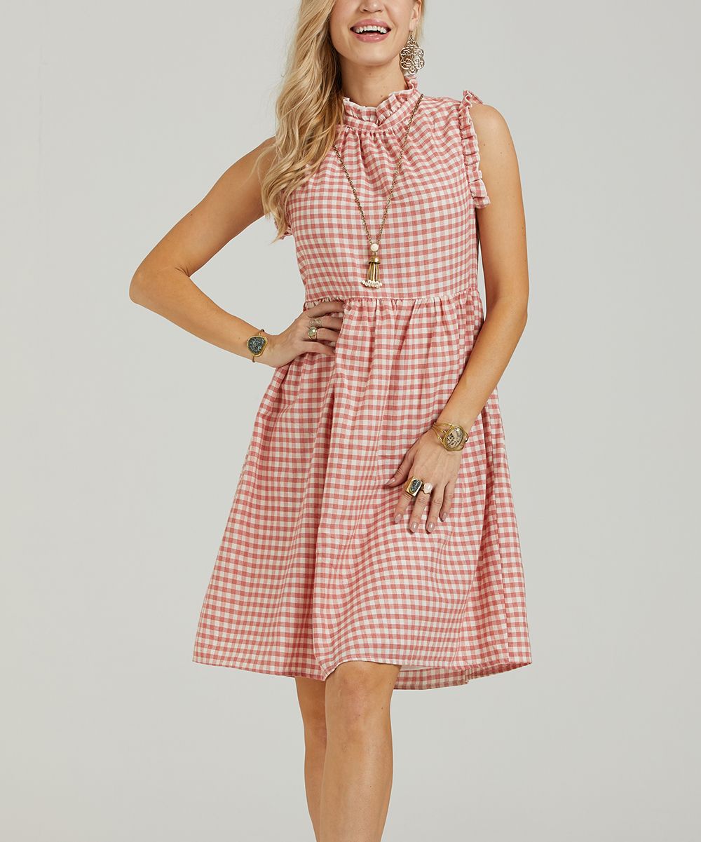 Suzanne Betro Dresses Women's Casual Dresses 102RED/WHITE - Red & White Gingham Ruffle-Trim A-Line D | Zulily