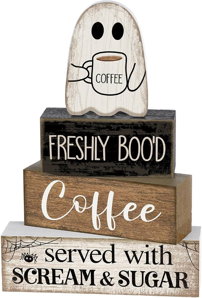 Lineshading 4 Pcs Halloween Coffee Table Decor Wooden Ghost Coffee Bar Sign | Amazon (US)