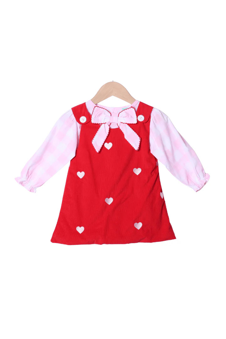 Embroidered Heart Red Corduroy Pink Gingham 2Pcs Dress | The Smocked Flamingo