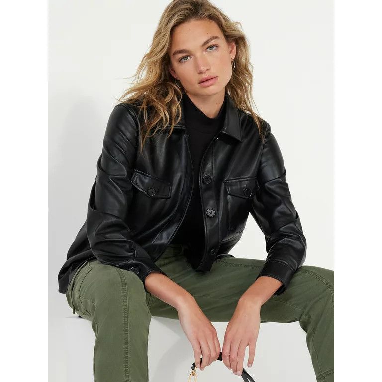 Time and Tru Women's Faux Leather Button Down Shacket, Sizes XS-3XL | Walmart (US)