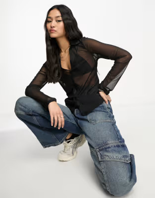 Stradivarius slim fit mesh shirt in black | ASOS (Global)