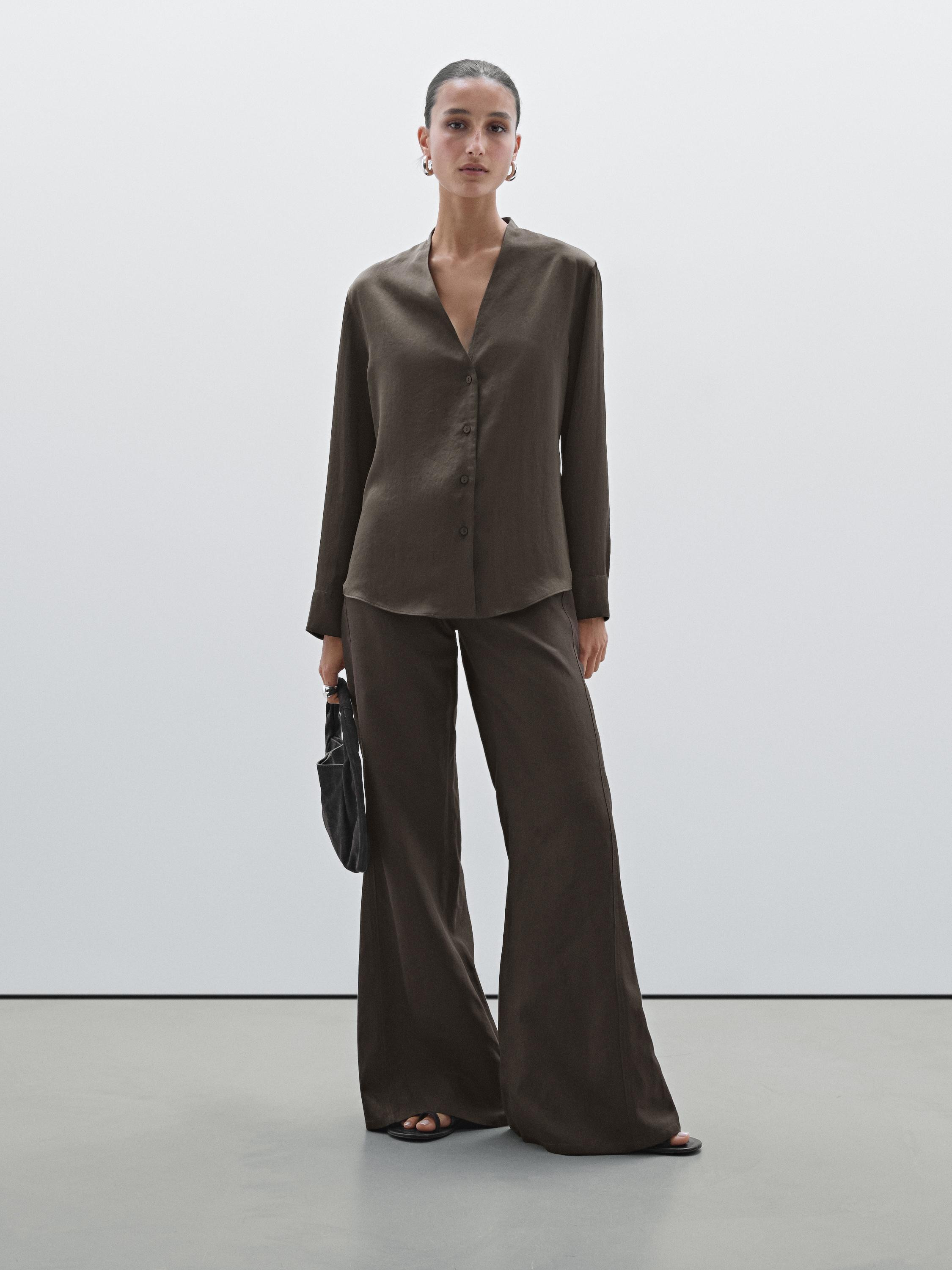 Long sleeve cotton blend shirt | Massimo Dutti UK