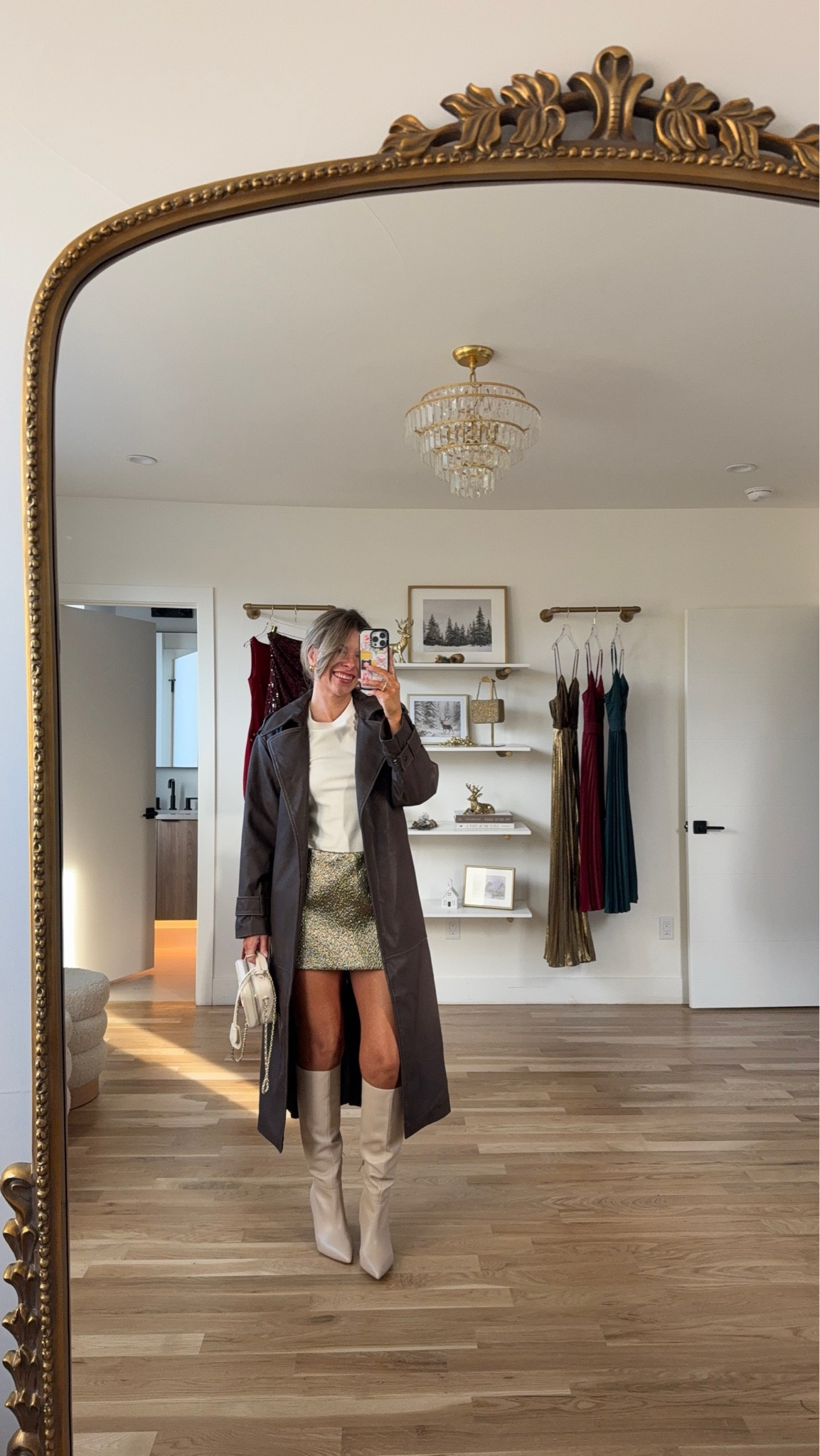 Gold metallic mini skort with white tee and long brown coat winter holiday date night looks New Year’s Eve looks. 

Wearing my usual small/2 

Js health code: emerson15
Factor code: 50emerson 

#LTKHoliday #LTKSeasonal #LTKFindsUnder100