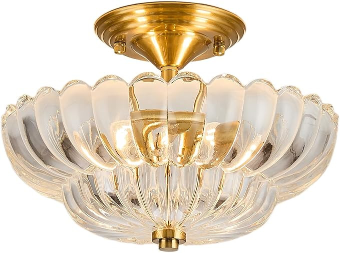 Semi Flush Mount Ceiling Light, Scalloped Clear Glass Close to Ceiling Light Fixtures with 2 Ligh... | Amazon (US)