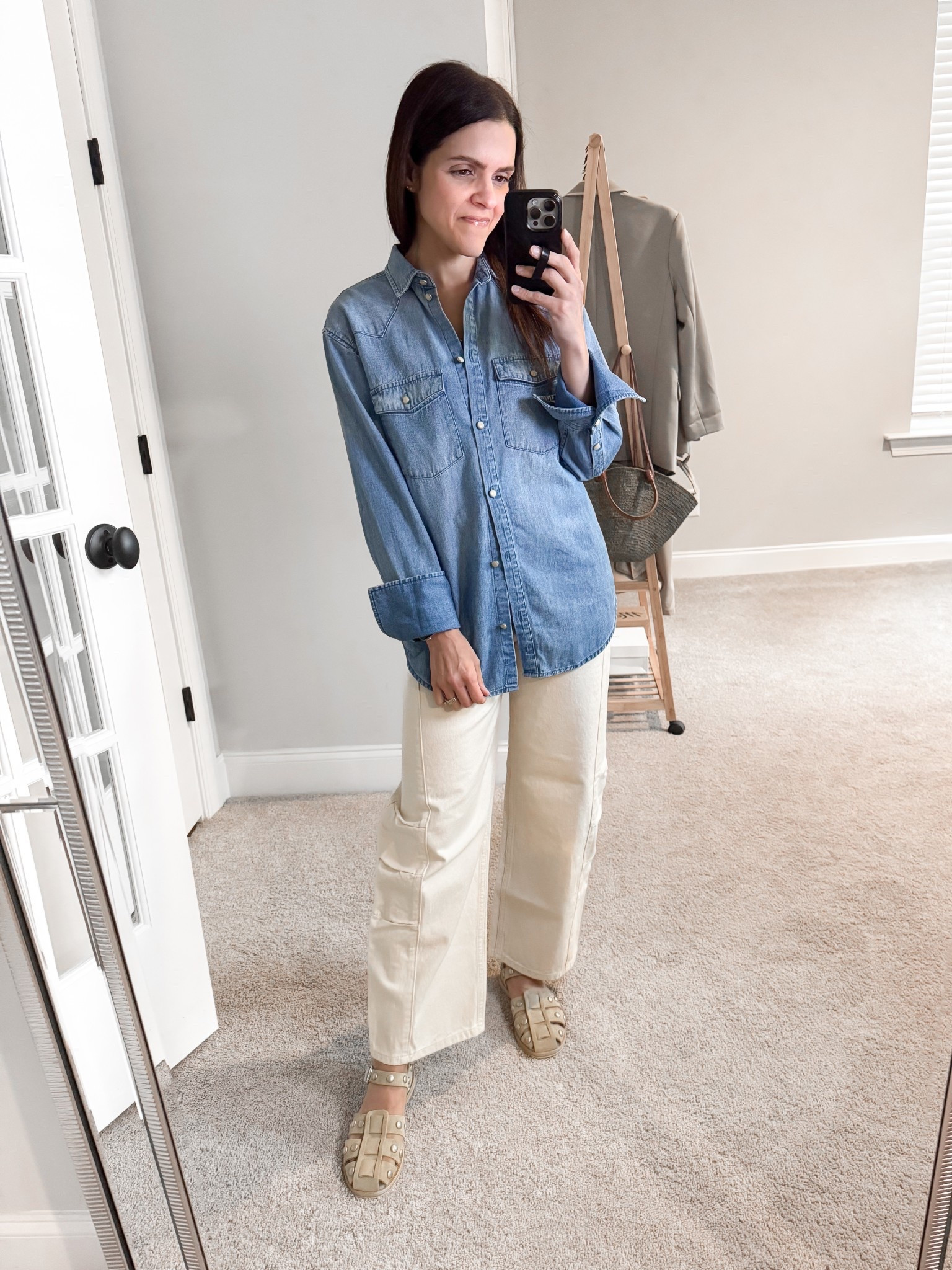 What I wore — 
• J.Crew chambray shirt - tts
• Triarchy barrel jean - linked similar
• Freda Salvador fisherman sandals - tts 

#LTKStyleTip