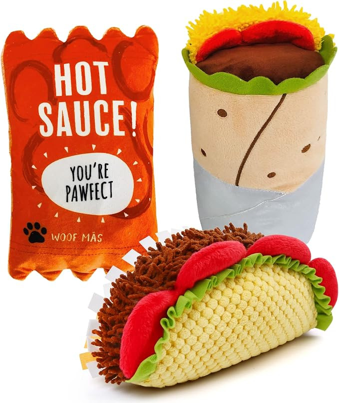 PrimePets Plush Dog Toys, 3 Pack, Crinkle Squeaky Dog Toys Set, Taco Dog Toy, Food Shaped Pet Toy... | Amazon (US)