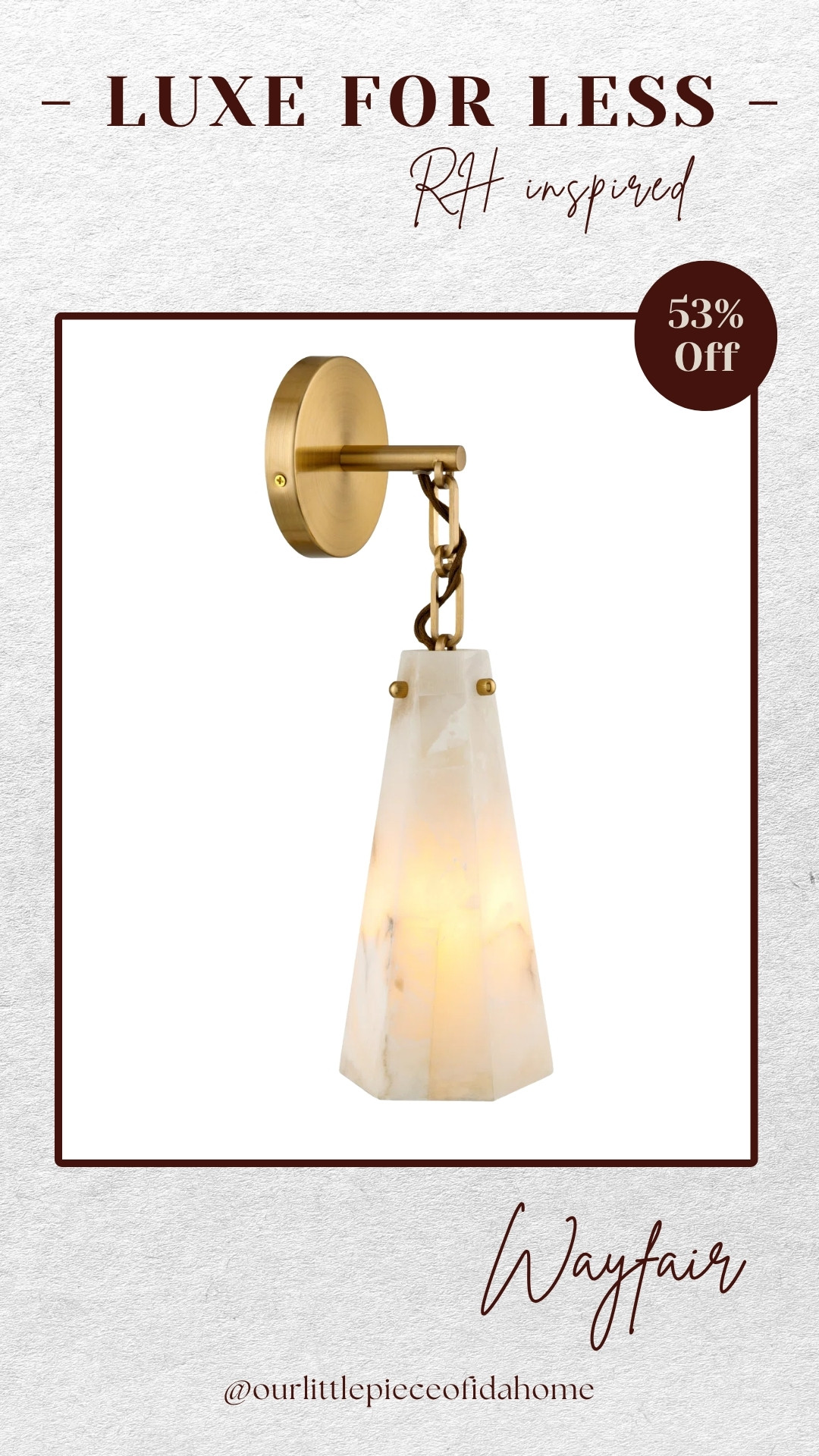 I’m linking this RH-inspired wall sconce because it gives the same elevated look for a fraction of the price. The warm brass finish and stone-inspired shade add beautiful texture and soft lighting to any space.

I love using pieces like this in bathrooms, hallways, and bedrooms to create a custom, designer feel without the designer price tag. Such a timeless lighting find.
@Wayfair

#LTKU #LTKSaleAlert #LTKHome