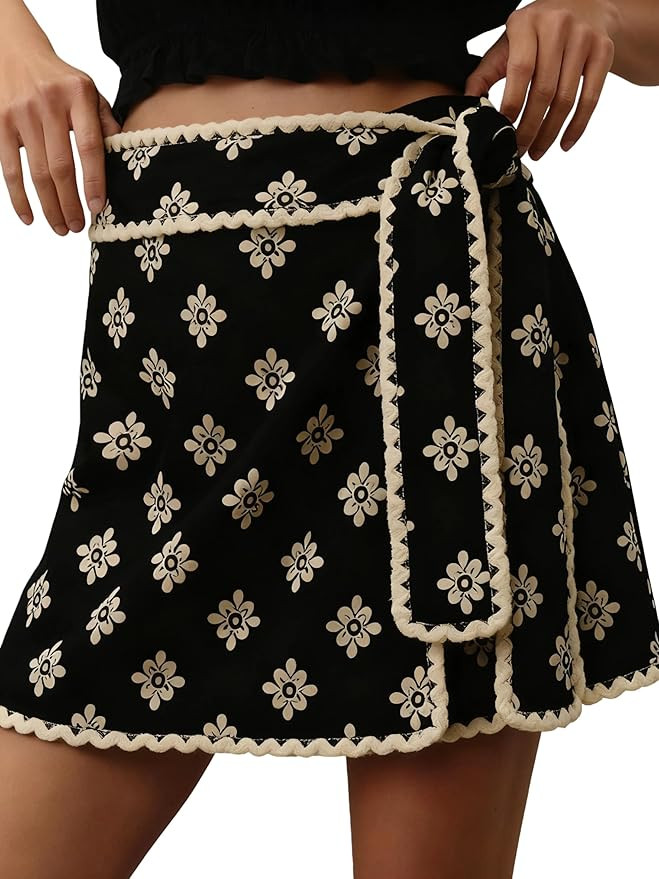 Majdan Womens Wrap Skort Casual Boho Mini Skirts Elastic Waist Relaxed Short Skirt with Belt | Amazon (US)