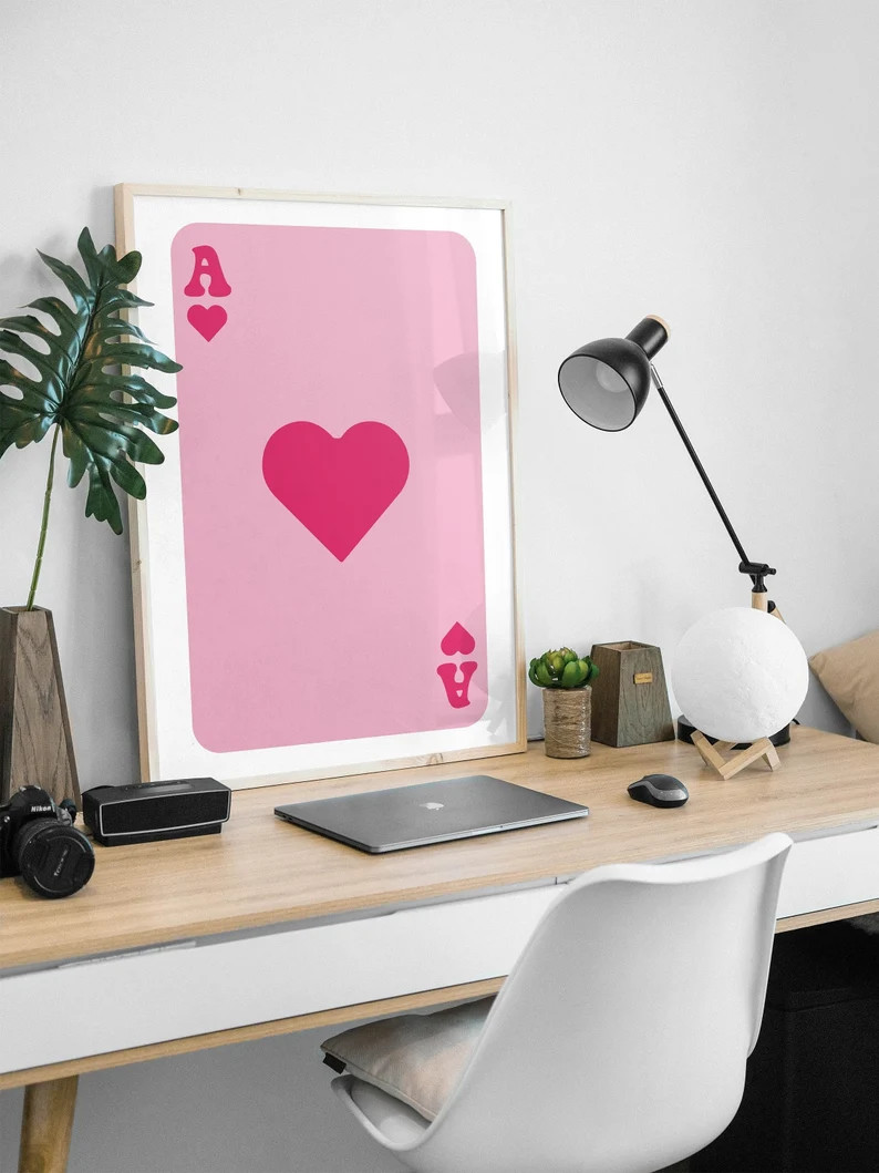 Pink Ace of Hearts Wall Art Print, Playing Cards, Vibrant Wall Art, Playful Poster, Retro Font, M... | Etsy (US)