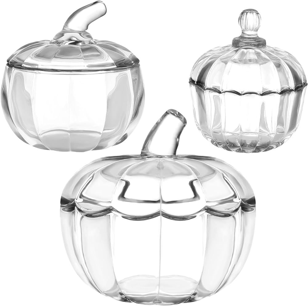 3 Pcs Halloween Pumpkin Candy Jar with Lids Glass Candy Bowl Cute Clear Cookie Storage Jar Crysta... | Amazon (US)