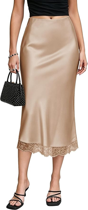 Women's Satin Lace Hem Midi Skirt Elastic High Waist Silk A-Line Flared Fishtail Casual Long Skir... | Amazon (US)