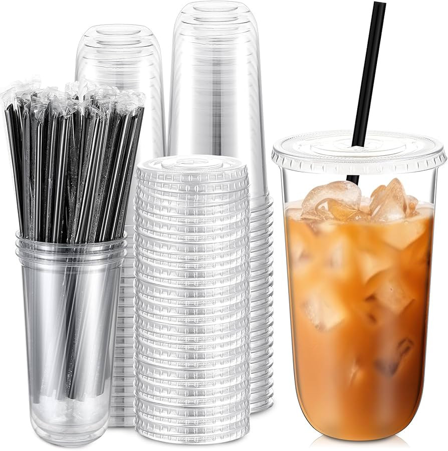 Ziliny 25 Set Clear Plastic Cups with Lids and Straws, Disposable Iced Coffee PET Cups for Drinki... | Amazon (US)