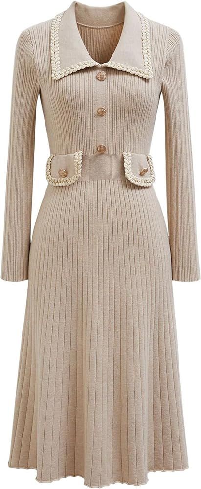 CHICWISH Midi Sweater Dress for Women Collared Braided Edge Long Sleeve Knit Dresses Fall Winter ... | Amazon (US)