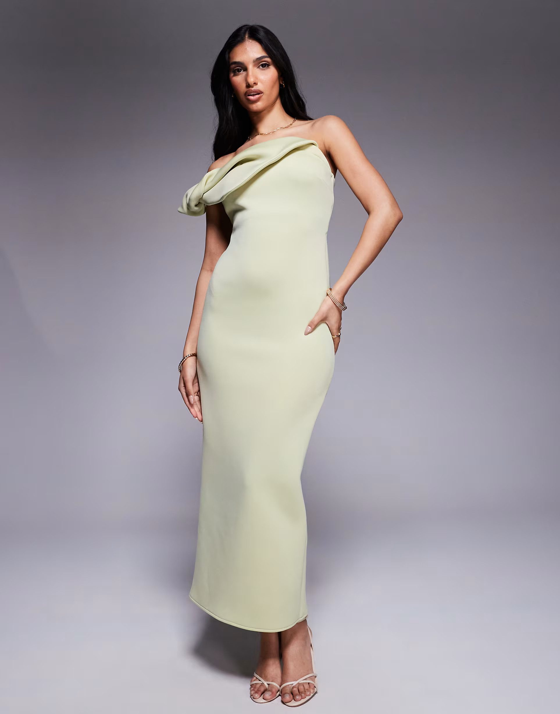 ASOS DESIGN scuba bardot midi dress with twisted strap in pastel green | ASOS (Global)