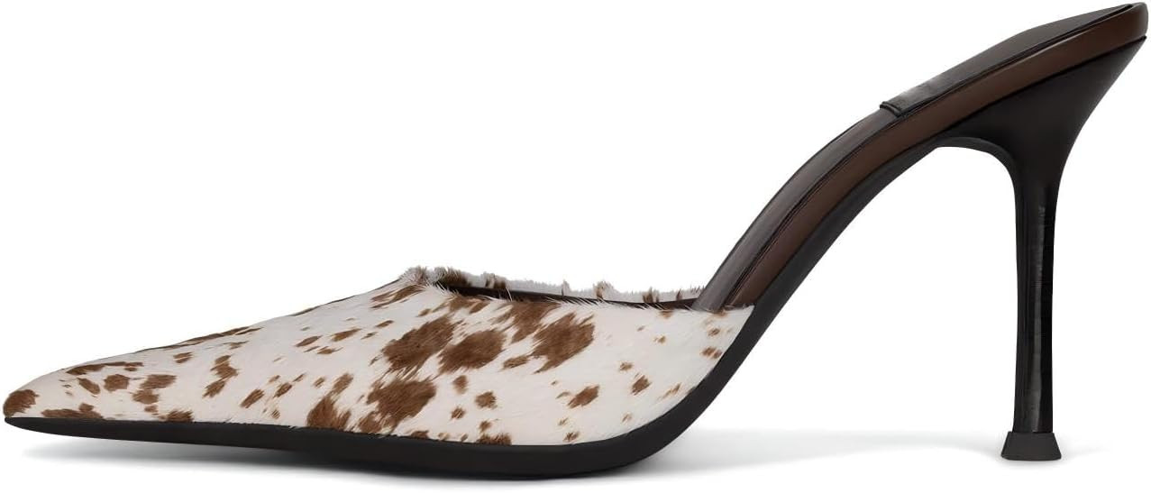 Cow Print High Heels for Women Heeled Sandals Stiletto Pumps Mule Pointed Closed Toe Slip on Slides Sandal Summer Party Dressy Heel Casual | Amazon (US)