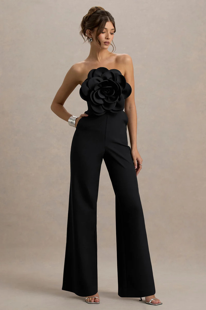 Opia | Black Bandeau Wide-Leg Jumpsuit With Large Floral Corsage | Club L London