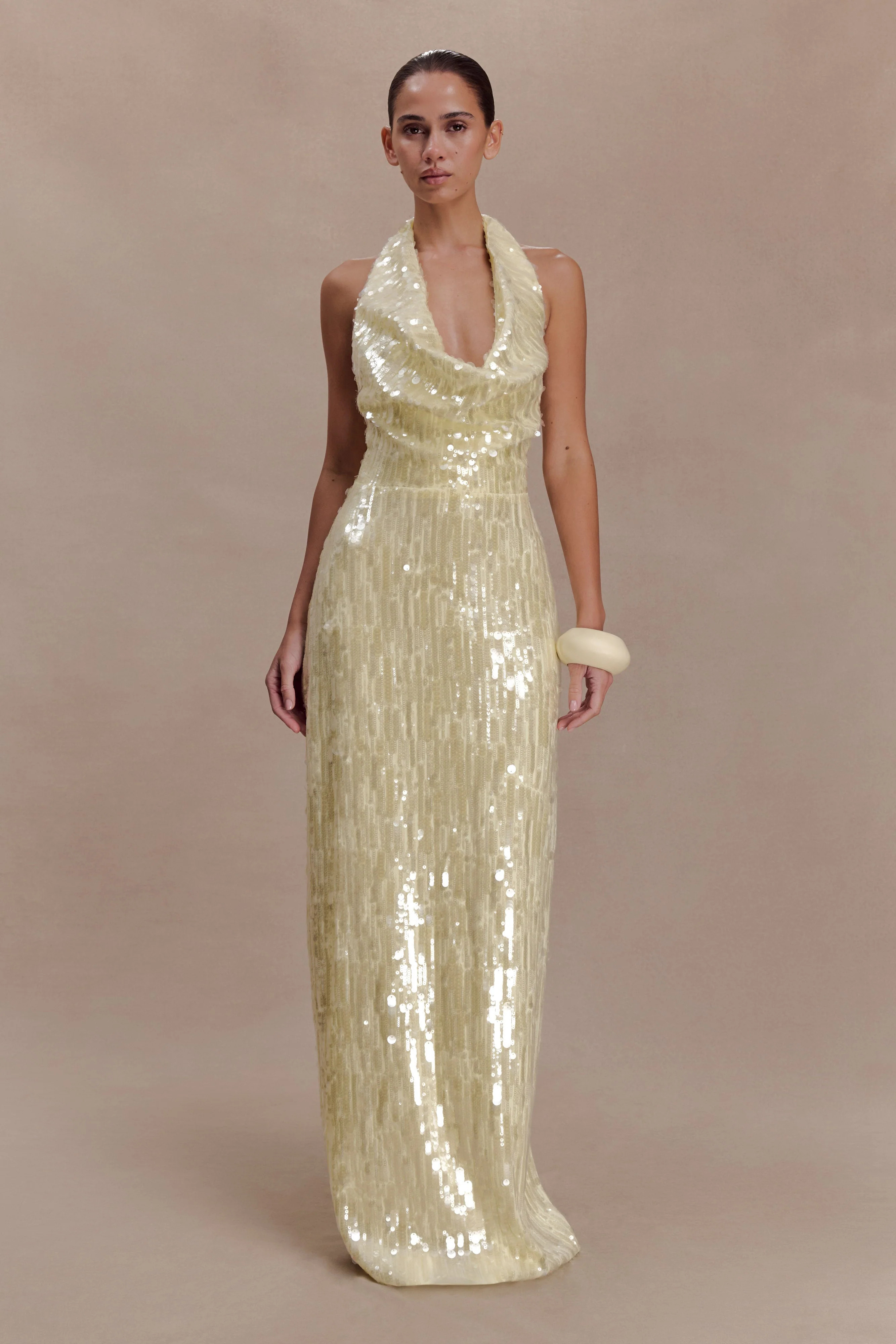 Gertrud Sequin Halter Maxi Dress - Lemon | Meshki UK