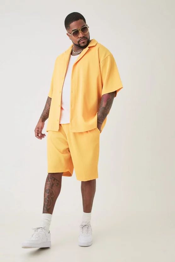 Plus Drop Revere Pleated Shirt & Short Set In Yellow | boohooMAN (US & Canada)