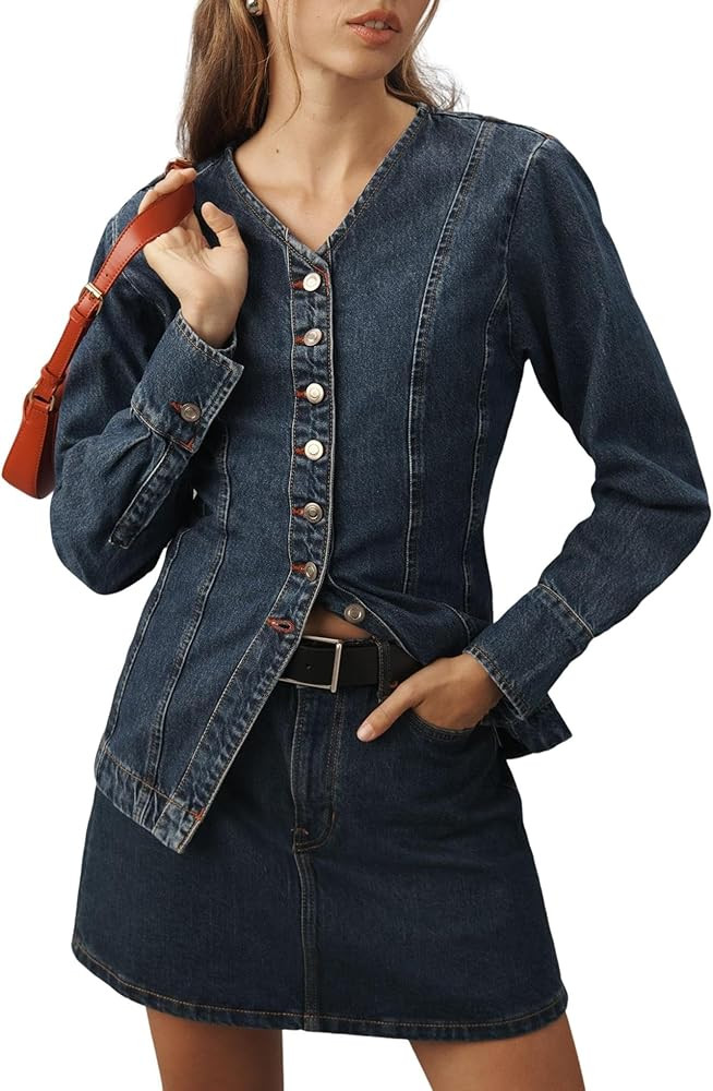 Women's Denim Shirt Long Sleeve Button Down Collarless V-Neck Slim Fit Jean Jacket Denim Top | Amazon (US)
