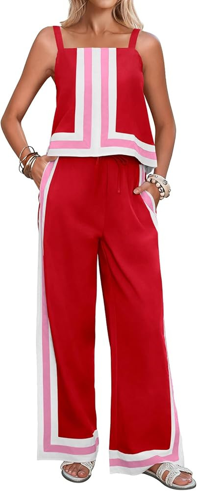 Tankaneo Womens 2 Piece Lounge Set Summer Casual Color Block Cami Top Wide Leg Pants Set Beach Va... | Amazon (US)