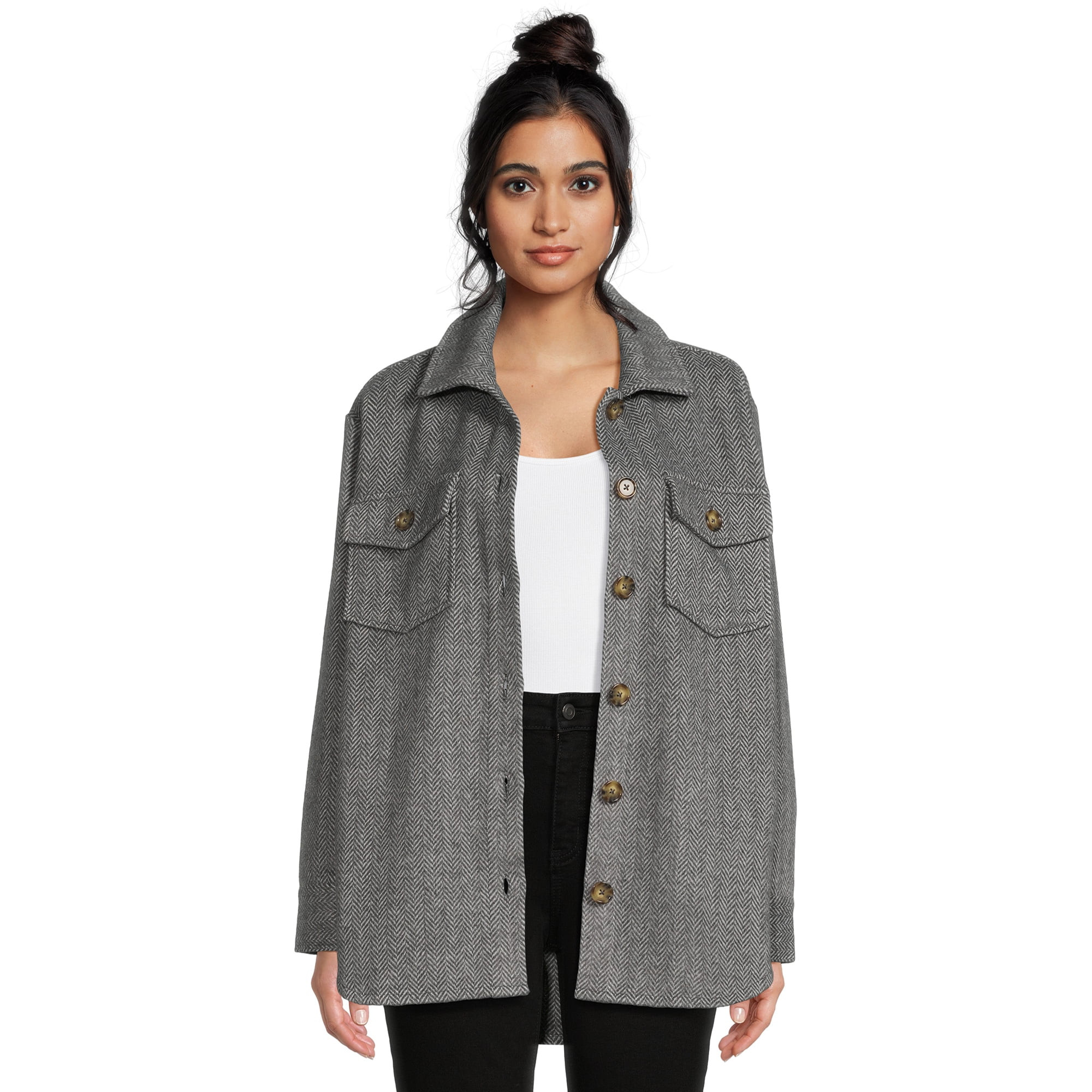 Time and Tru Women's Brushed Herringbone Shacket, Sizes XS -XXXL - Walmart.com | Walmart (US)