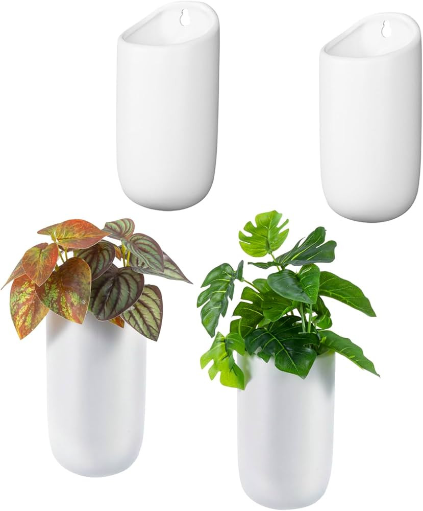 MyGift Set of 4 Mini Matte White Ceramic Indoor Wall Planter, 6 Inch Cylindrical Wall Mounted Han... | Amazon (US)
