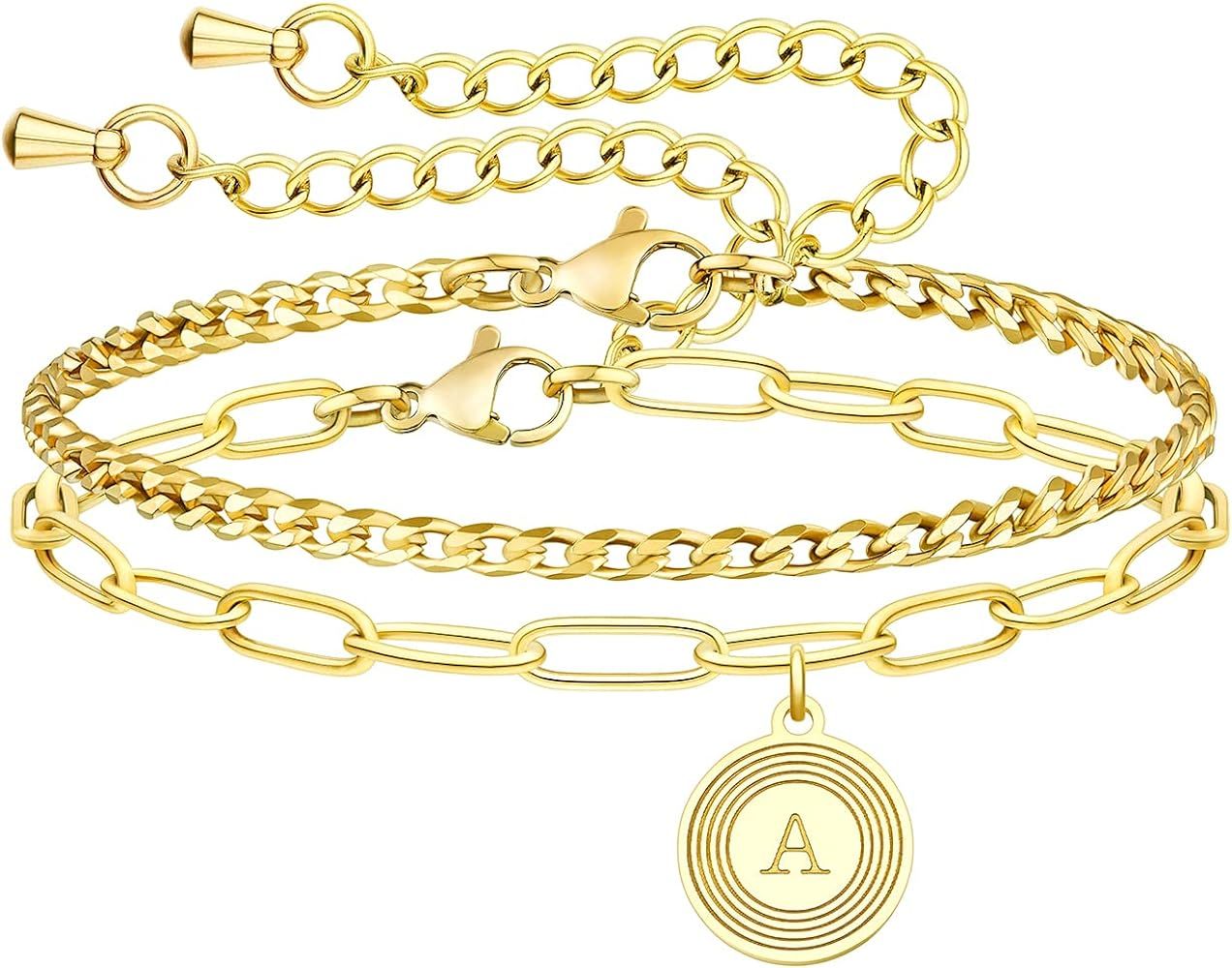 Gold Initial Bracelets | Layered Cuban&Paperclip Chain Gold Bracelets for Women | Double Side Engrav | Amazon (US)