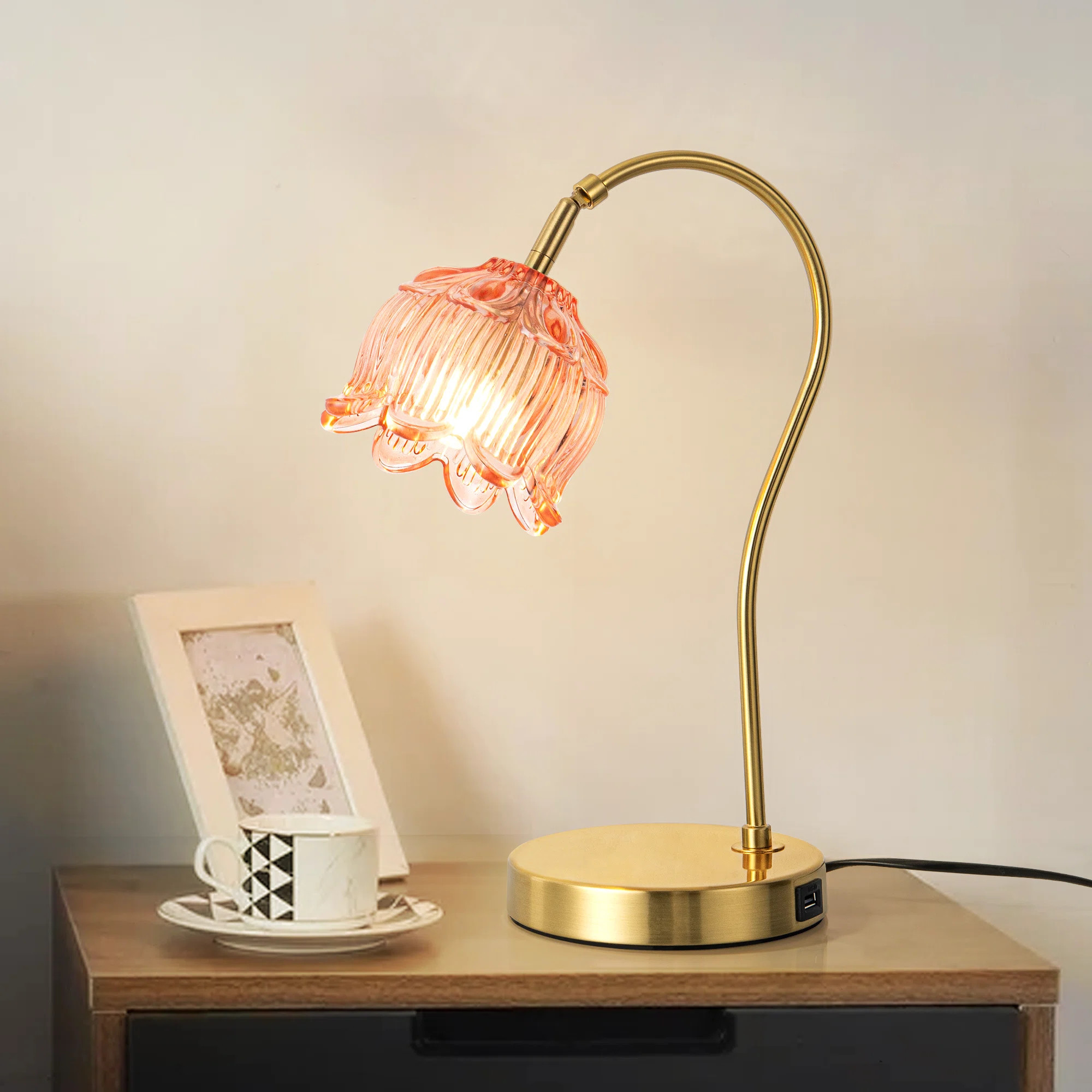 House of Hampton® Deangelia Pink Flower Glass Table Lamp Gold Metal Desk Lamp Metal Table Lamp M... | Wayfair North America