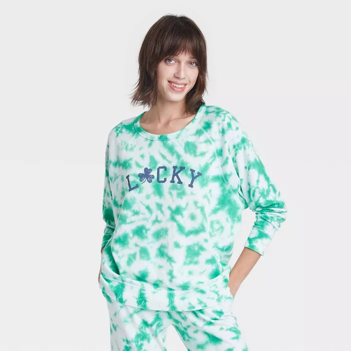 Women's Lucky Tie-Dye Wash Graphic Sweatshirt - Green | Target