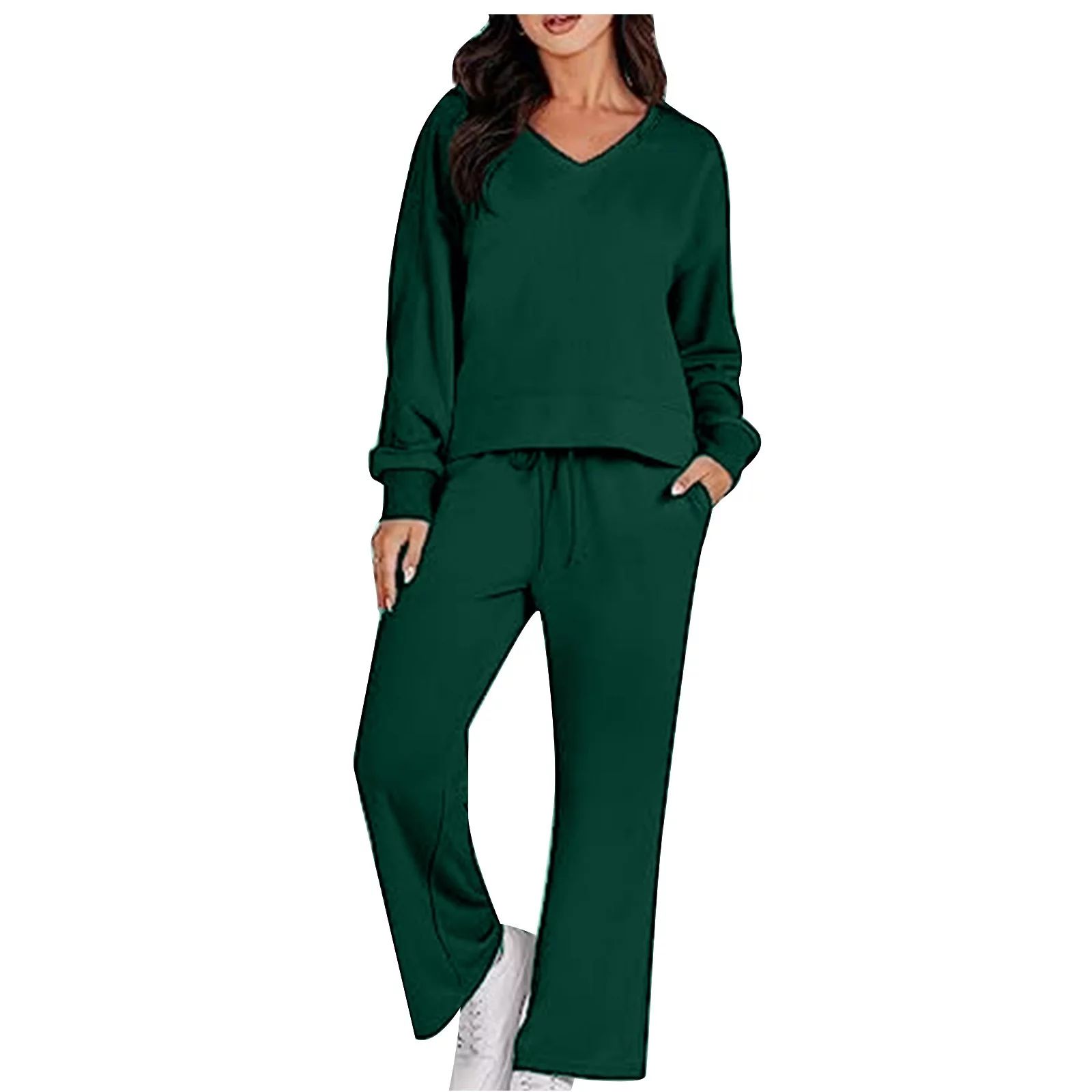 ShomPort Women's Fall Casual 2 Piece Outfits Long Sleeve V Neck Sweatshirt Tops and Wide Leg Swea... | Walmart (US)