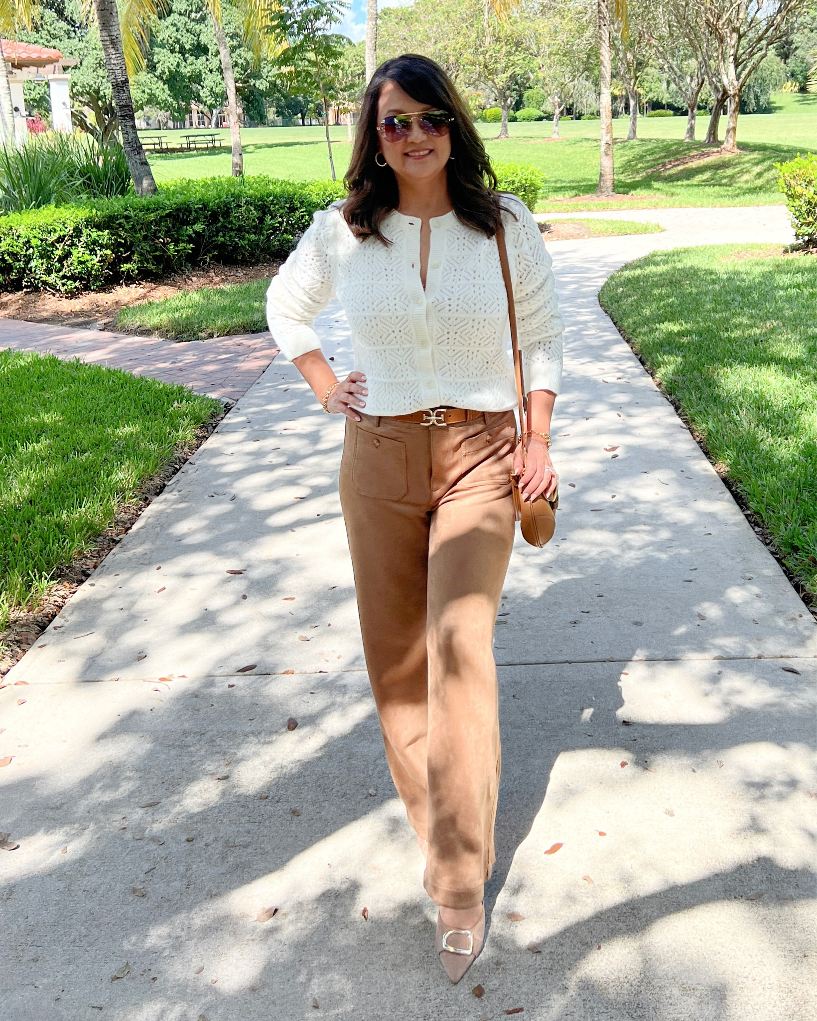 Comfy and neutral — my two favorite things. 🤎 This pointelle cardigan adds a soft, feminine touch, and the faux suede pants are so buttery they feel like I’m wearing loungewear. Truly the best mix of cozy and put-together — my kind of outfit win!

#LTKOver40 #LTKMidsize #LTKSaleAlert